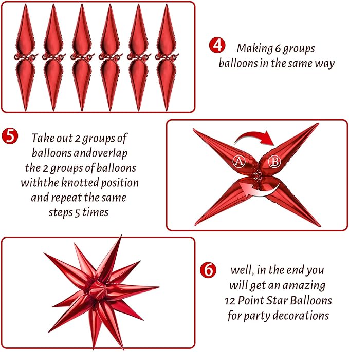 60Pcs Red Star Balloons 12 Point Cone Explosion Star Foil Balloon | 60 Pcs Red - Image 4