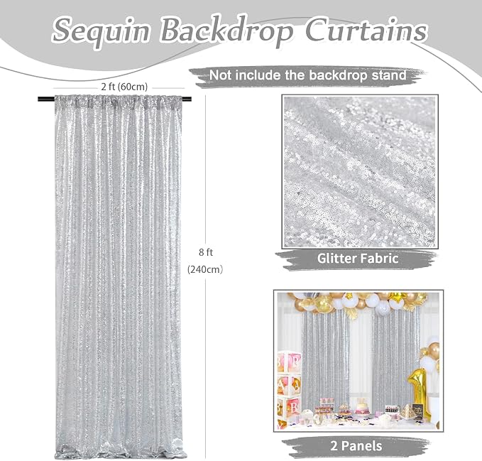 Silver Sequin Backdrop Curtains-2 Panels 2FTx8FT Silver Backdrop - Image 3