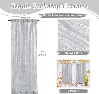Silver Sequin Backdrop Curtains-2 Panels 2FTx8FT Silver Backdrop - Image 3
