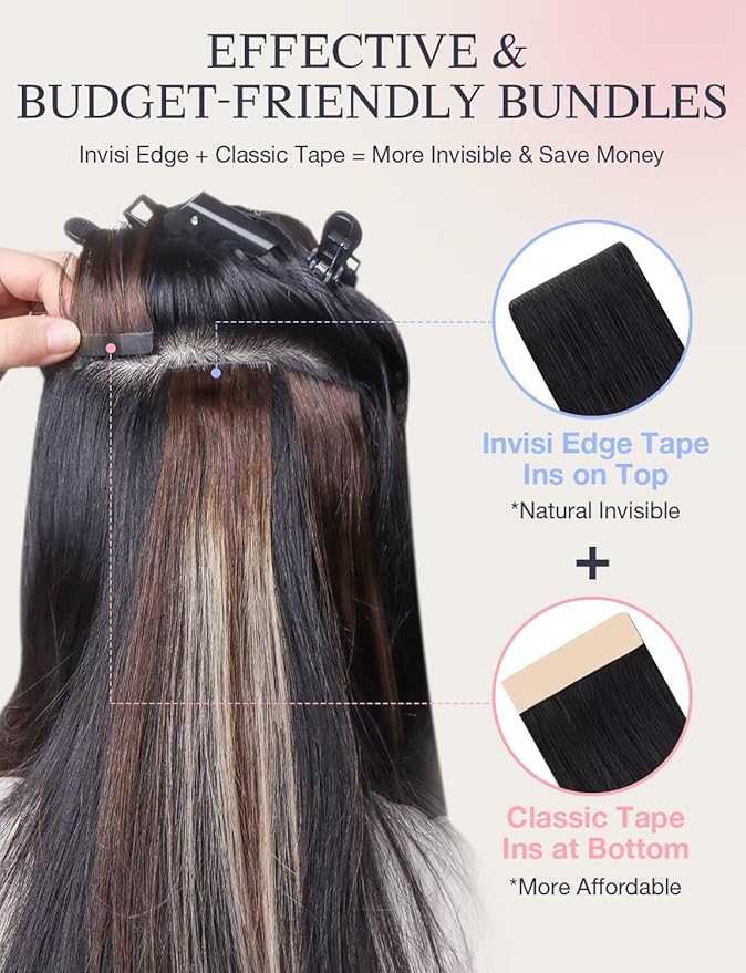 DOORES Invisi Edge Human Hair Extensions Tape in, Natural Black to Light Blonde 10pcs Injection Tapeins, 25g 18 Inch, Injected Tape in Extensions Virgin Human Hair