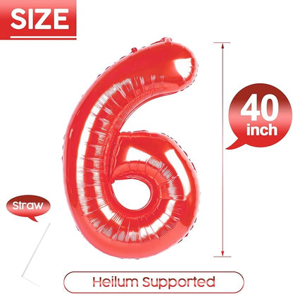 6 Balloon - Red Birthday Number Balloons, 40 Inch Decorations Men Women | Red - Image 5