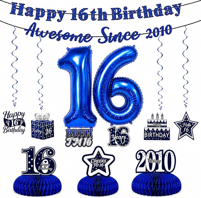 16th Birthday Decorations For Boys, Pre-Strung Navy Blue Happy 16th Birthday & by Unknown