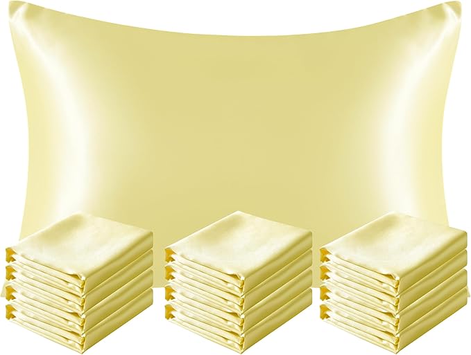 NTBAY 12 Pack Satin Standard Pillowcases for Hair and Skin, Luxurious and Silky Pillow Cases with Envelope Closure, 20 x 26 Inches, Light Yellow