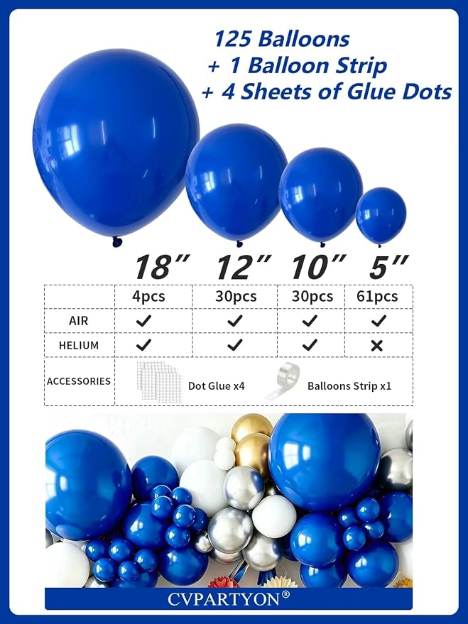 Blue Balloons 125 Pcs Different Sizes 18 12 10 5 Inch Royal Navy Blue Balloon - Image 3