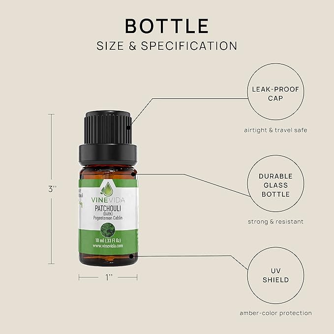 VINEVIDA Patchouli Essential Oil 10 mL - Undiluted Patchouli Oil - DIY Candle Scents for Candlemaking - 10 mL Essential Oil for Soap Making Safe for Skin (4OZV-OBP-PAT-30P-10ML)