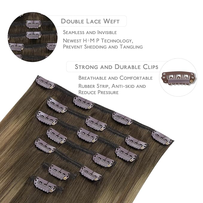 WENNALIFE Clip in Hair Extensions - Real Human Hair, 22 Inch 120g 7pcs, Light Ash Brown to Warm Chocolate Highlighted Caramel Blonde