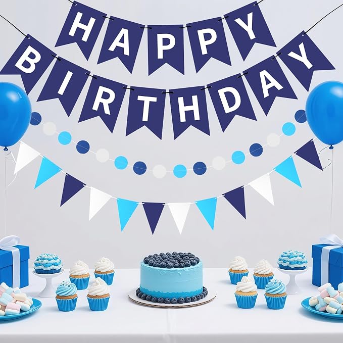 Blue Happy Birthday Banner, Happy Birthday Decorations Hanging Birthday Sign - Image 2