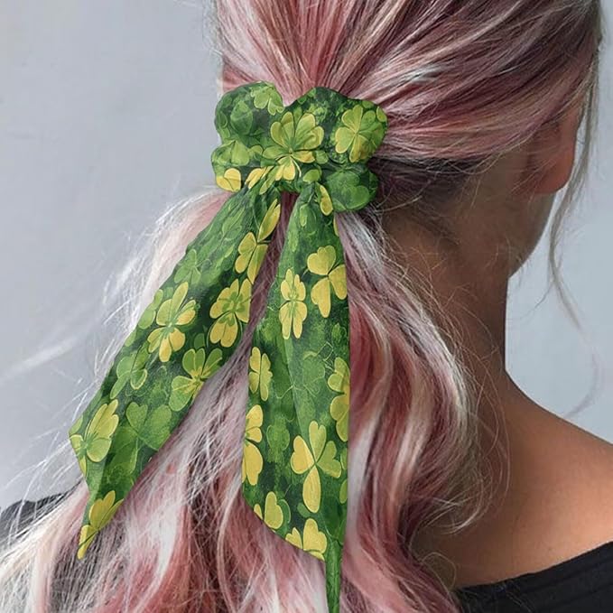 2 Pack St Patricks Green Four Leaf Hair Scarf for Women Ponytail Scrunchies Long Ribbon Scrunchies for Little Gilrs No Damage Knotted Bow
