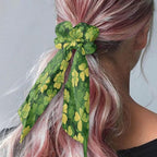 2 Pack St Patricks Green Four Leaf Hair Scarf for Women Ponytail Scrunchies Long Ribbon Scrunchies for Little Gilrs No Damage Knotted Bow