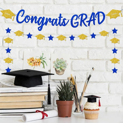 Blue and Gold Graduation Decorations Banner 2026, Glitter Blue and Gold Class - Image 3