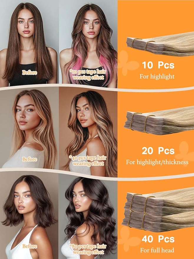 DOORES Tape in Hair Extensions Human Hair, 10pcs 30g 20 Inch Drity Blonde Highlight Golden Blonde, Human Hair Extensions Natural Hair Extensions Seamless Straight