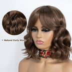 NOBLE Bob Wig with Bangs 12 Inches Synthetic Wavy Bob Wigs for Women Natural Looking Short Brown Wig Heat Resistant Fiber Hair for Daily Party Use