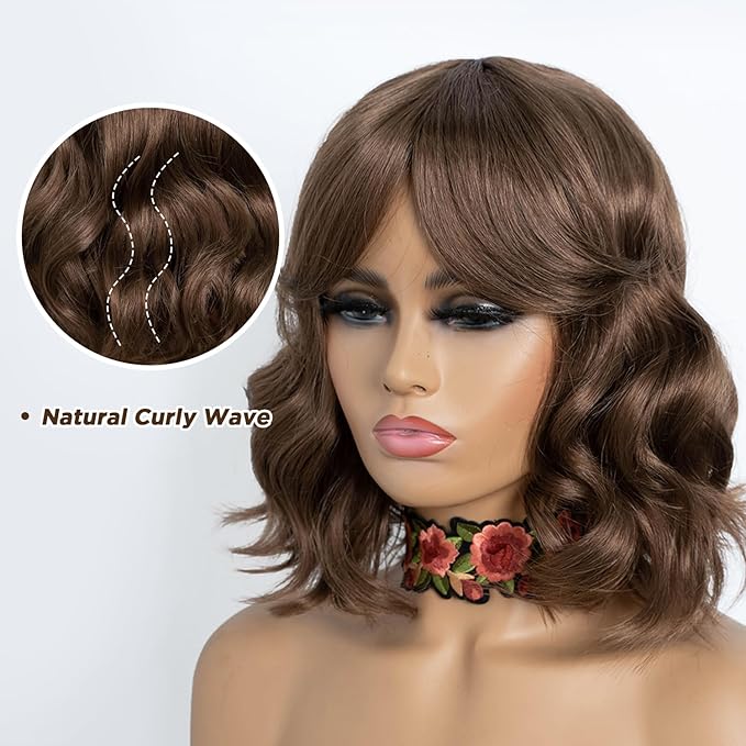 NOBLE Bob Wig with Bangs 12 Inches Synthetic Wavy Bob Wigs for Women Natural Looking Short Brown Wig Heat Resistant Fiber Hair for Daily Party Use