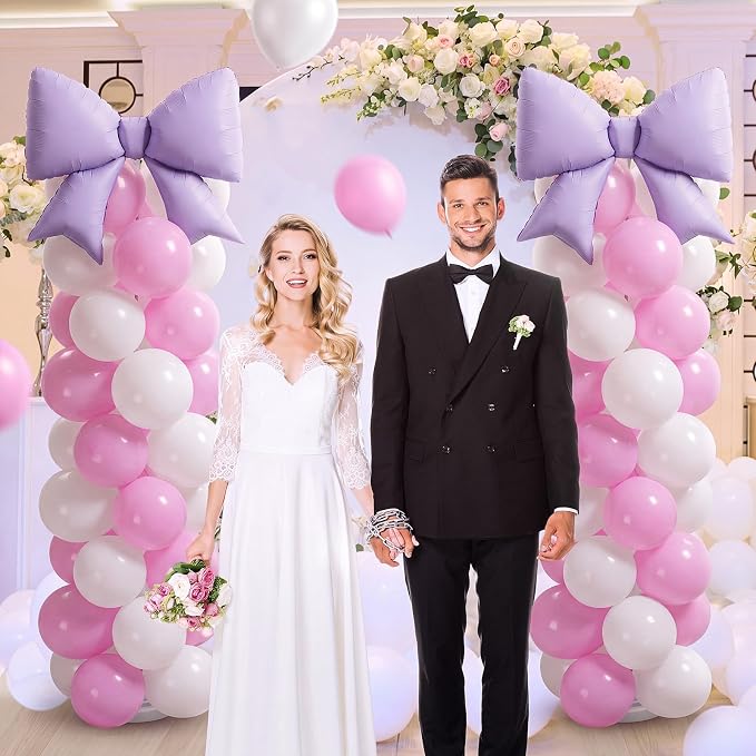 2 Sets Pink Purple White Bow Balloon Column Stand Kit Includes 2 Bows & 100 - Image 6