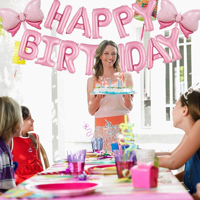 16 Inch Pink Happy Birthday Balloons Letters Banner & 2PCS Mini Bow Balloons - Image 4
