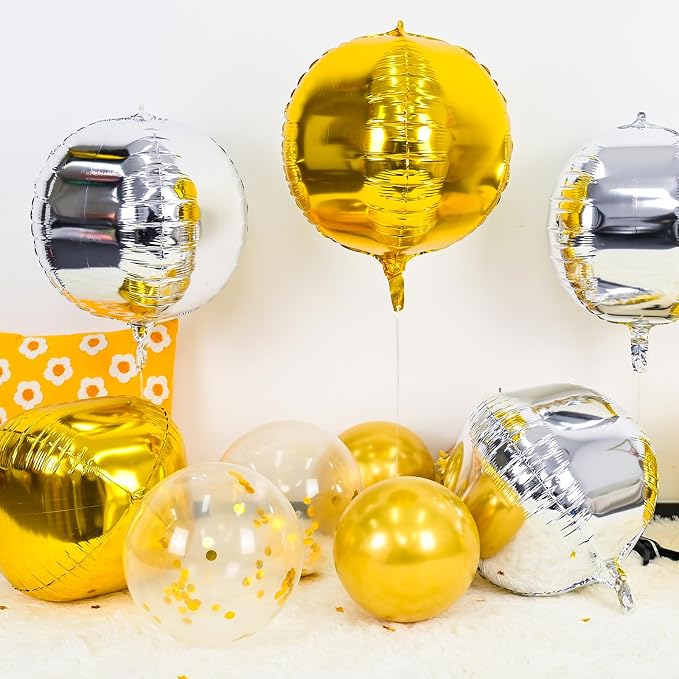 6Pcs Gold Silver Round Foil Balloons, Giant 4D Round Ball Balloons, 22 Inch - Image 3