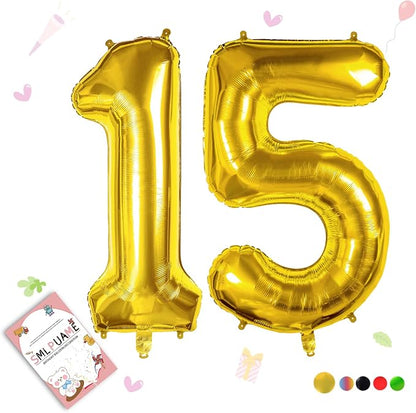 40 Inch Gold 15 Balloons Number, 15th Birthday Decoration Boys Girl | Large by Smlpuame