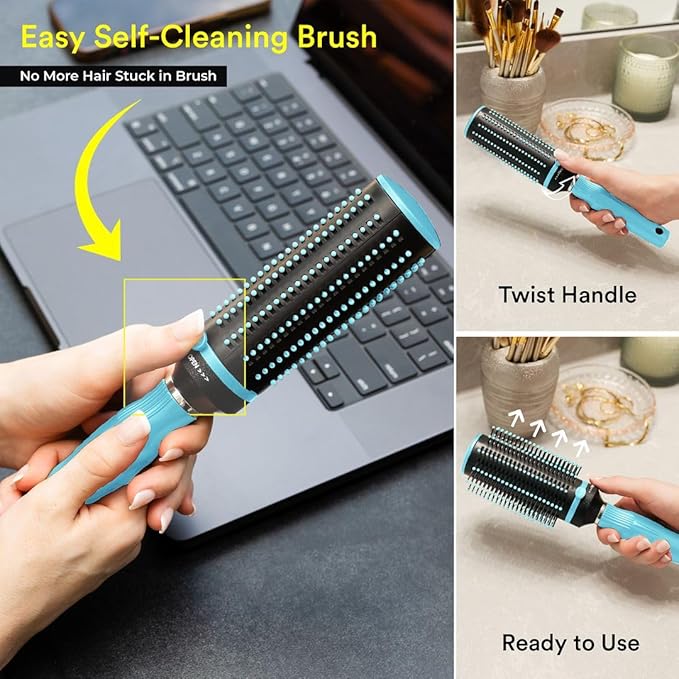 Detangler Self Cleaning Hair Brushes for Women - Round Brush for Blow Out Roller Retractable Travel Hairbrush Wet or Dry Hairs - Mint Birthday Christmas Gifts
