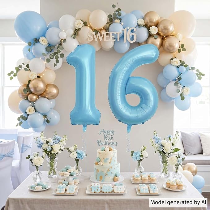 Pearlescent Blue Number 16 Balloon 40 Inch, Large Light Blue Foil 16th Birthday - Image 7