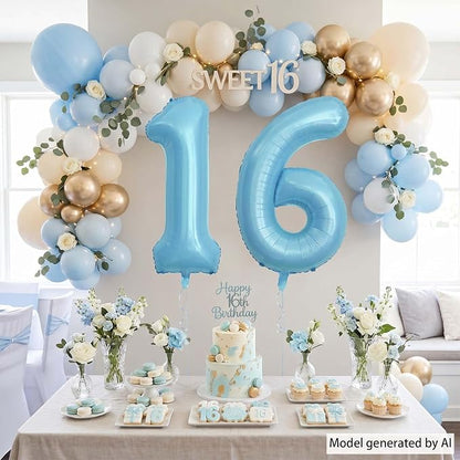 Pearlescent Blue Number 16 Balloon 40 Inch, Large Light Blue Foil 16th Birthday - Image 7
