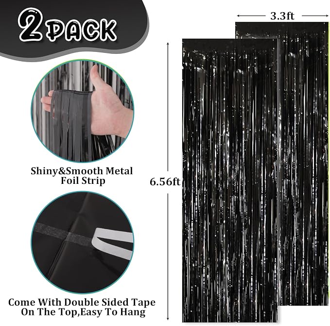 Voircoloria Black Foil Fringe Backdrop Curtains, 2 Pack | Tinsel Streamers - Image 2