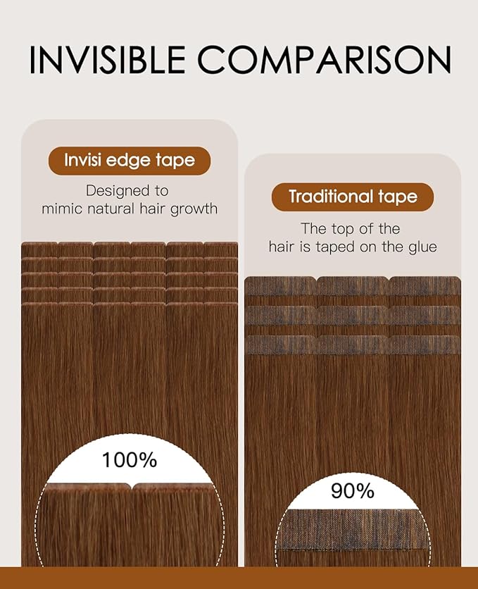 VINBAO Invisi Edge Tape in Hair Extensions Auburn Ginger 55g 20in 20pcs Injection Tape in Extensions Human Hair Seamless Injected Tape 20inch #33