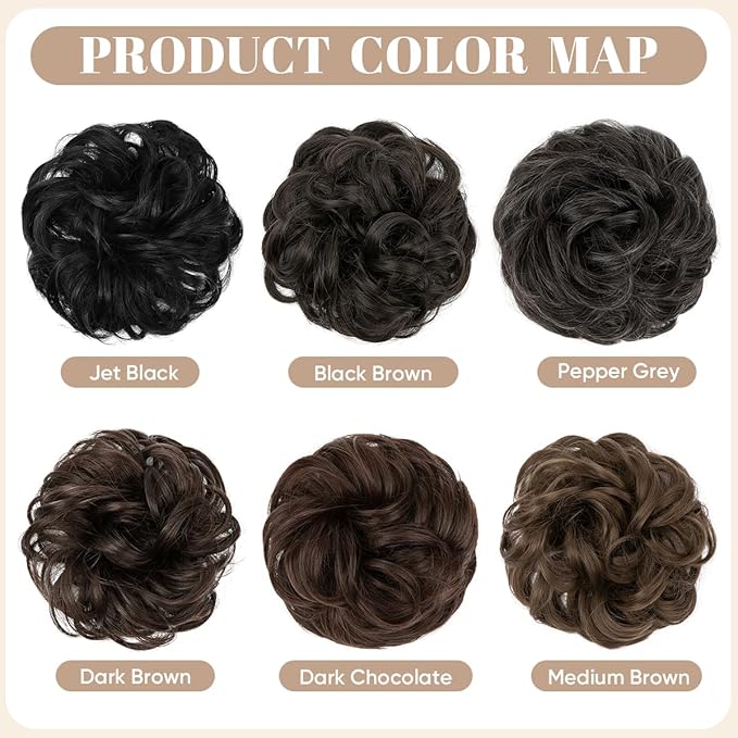 SARLA 2PCS Messy Hair Bun Hair Pieces Wavy Curly Synthetic Updo Fake Scrunchies Ponytail Extension for Women Jet Black