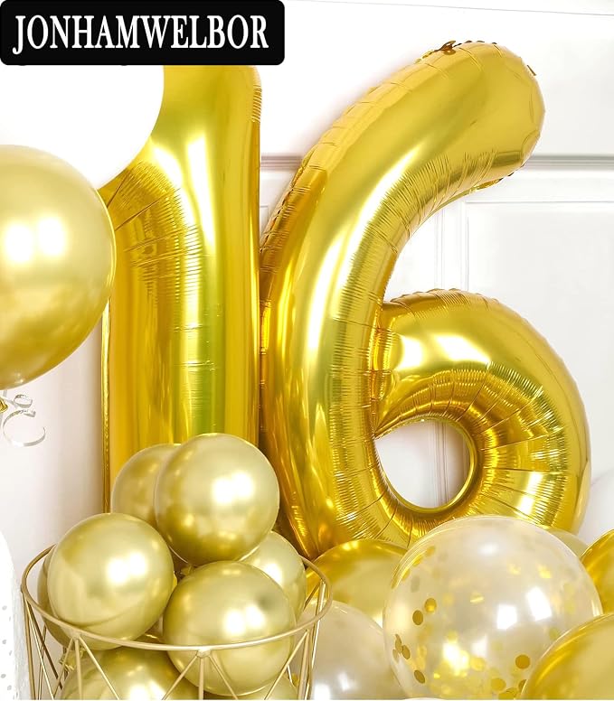 Jonhamwelbor 16 Number Balloons Gold Big Giant Jumbo Number 16 Foil Mylar - Image 4