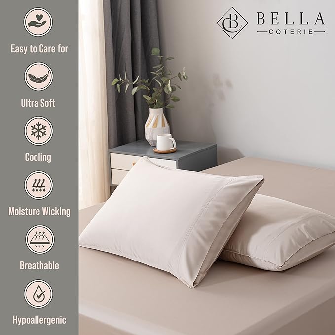 Bella Coterie | Luxury Bamboo Viscose King Size Pillowcase Set | 100% Organically Grown | Ultra Soft | Cooling | 2 Pcs [Dune]