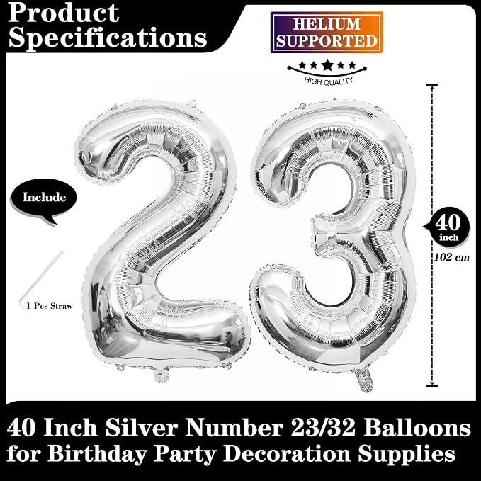 Silver 23 Number Balloons, 40 Inch Giant Number 23 Balloons Foil Mylar Helium - Image 2
