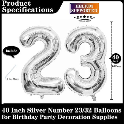 Silver 23 Number Balloons, 40 Inch Giant Number 23 Balloons Foil Mylar Helium - Image 2