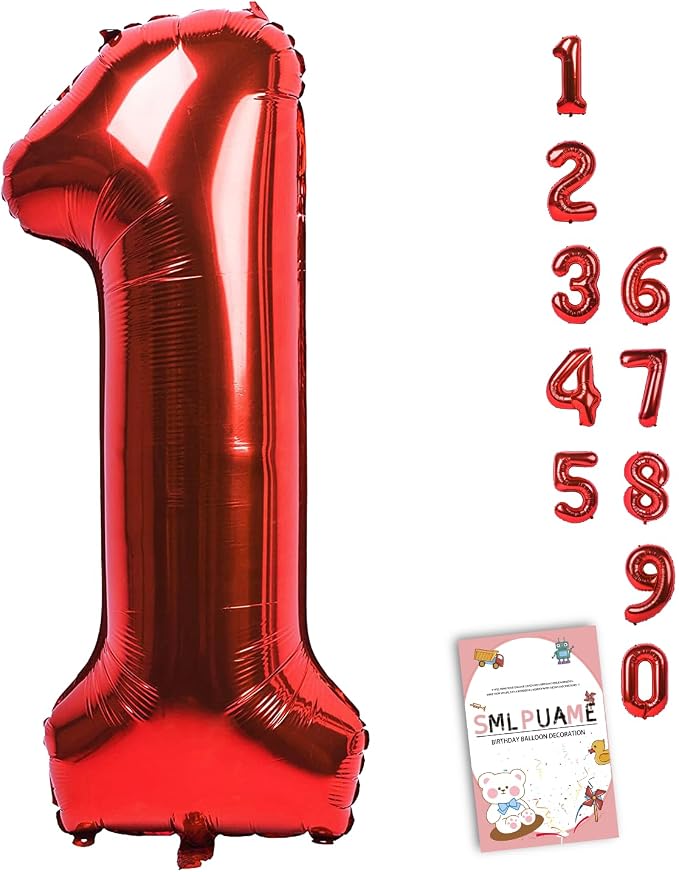 40 Inch Red Number Balloon 0-9, Large Foil Self-Sealing Number 1 Balloon by Smlpuame