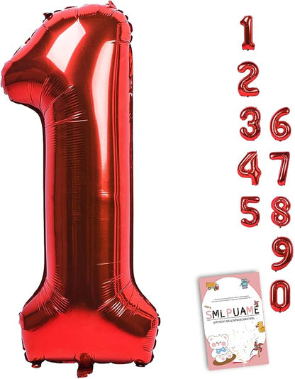 40 Inch Red Number Balloon 0-9, Large Foil Self-Sealing Number 1 Balloon by Smlpuame