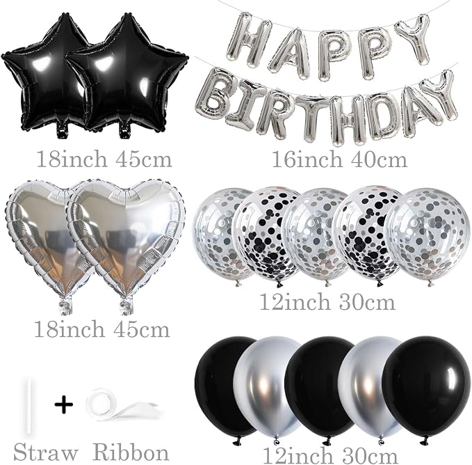 27 Pcs Silver Black Birthday Decorations, 3D Letters Silver Happy Birthday - Image 2