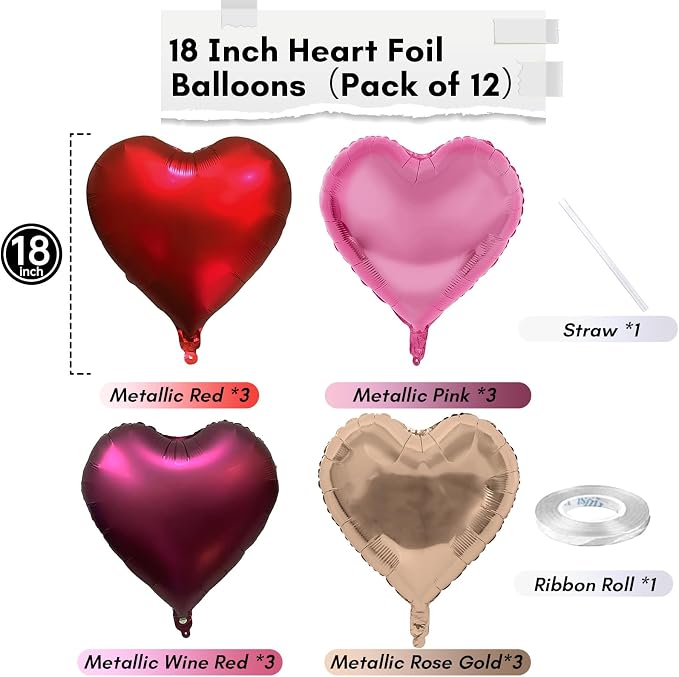 Wine Red Heart Balloons, 18 Inch 12 Pcs Burgundy Red and Pink Foil Heart - Image 2