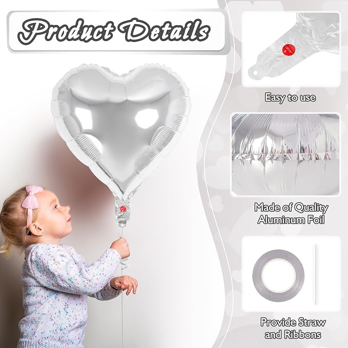 12 Pcs Silver Heart Balloons, 18 Inch Heart Foil Balloons Love Balloon - Image 5