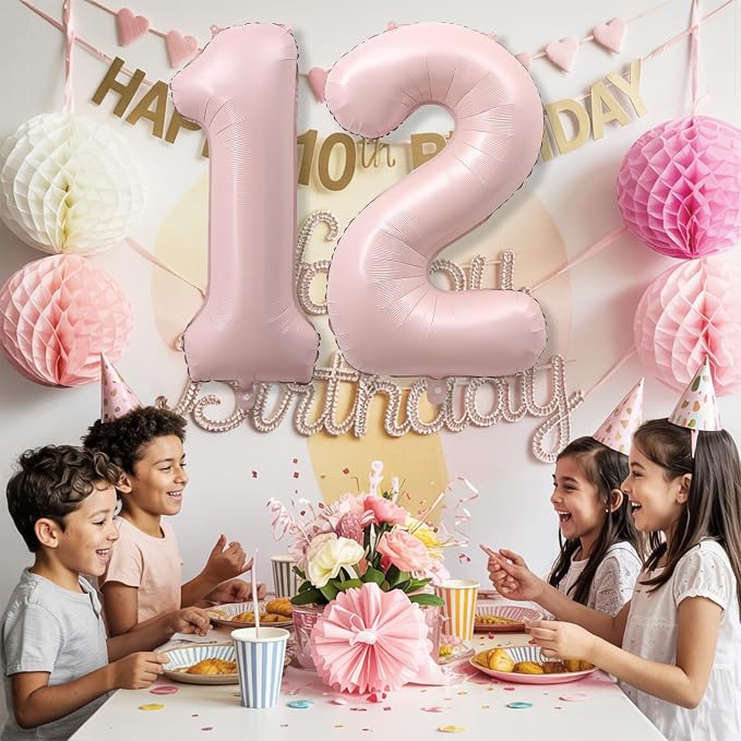 Pastel Pink 12 Balloons Number for Girls, Big Light Blush Pink Foil 1 & 2 - Image 3