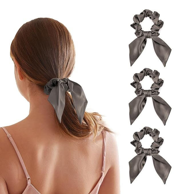 THXSILK 100% Mulberry Silk Bow Scrunchies 3-Pack, 22 Momme Mulberry Silk Hair Ties for Women, Cute Bunny Ear No Damage Ponytail Holders, Fashion Hair Accessories for Girls(M, Dark Grey)