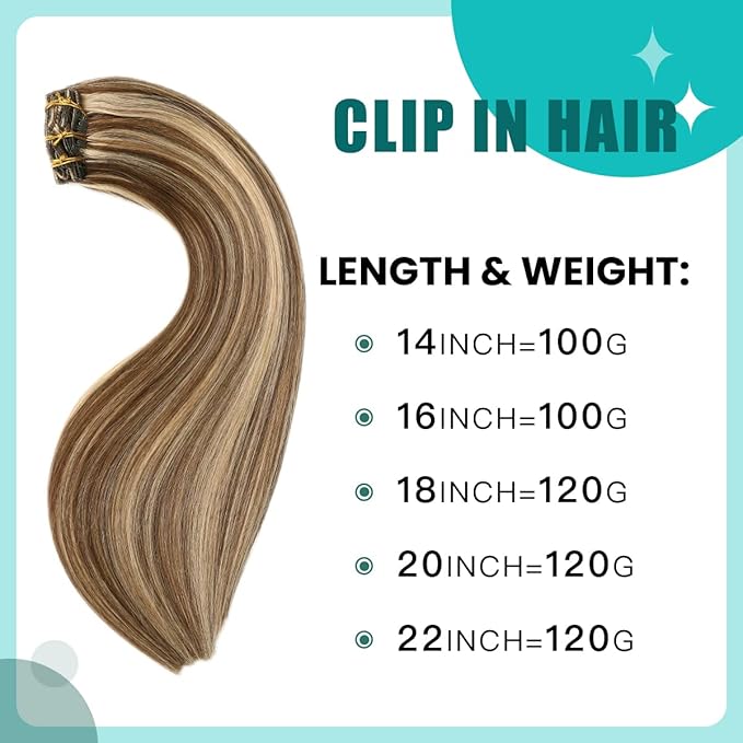 SURNEL Human Hair Extensions Clip in 22 Inch 6pcs 120g Real Human Hair Extensions Chocolate Brown and Caramel Blonde Clip in Hair Extensions (#4P27,22'')