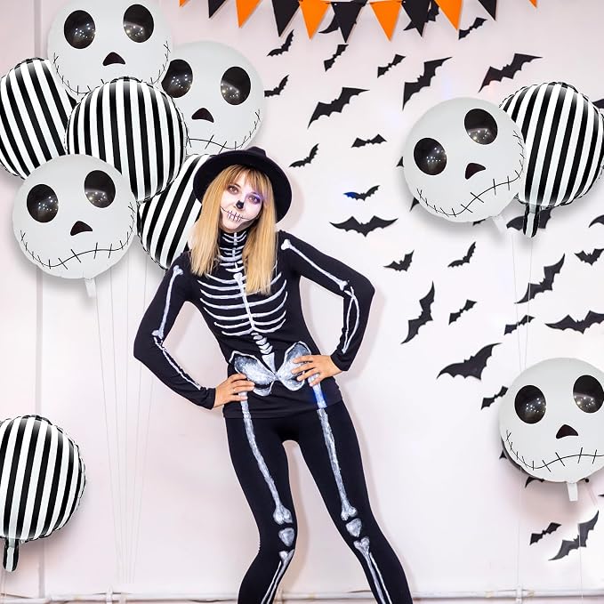 Jobkoo Halloween Balloons Decorations 18 Inch Skull Black and White Striped - Image 4