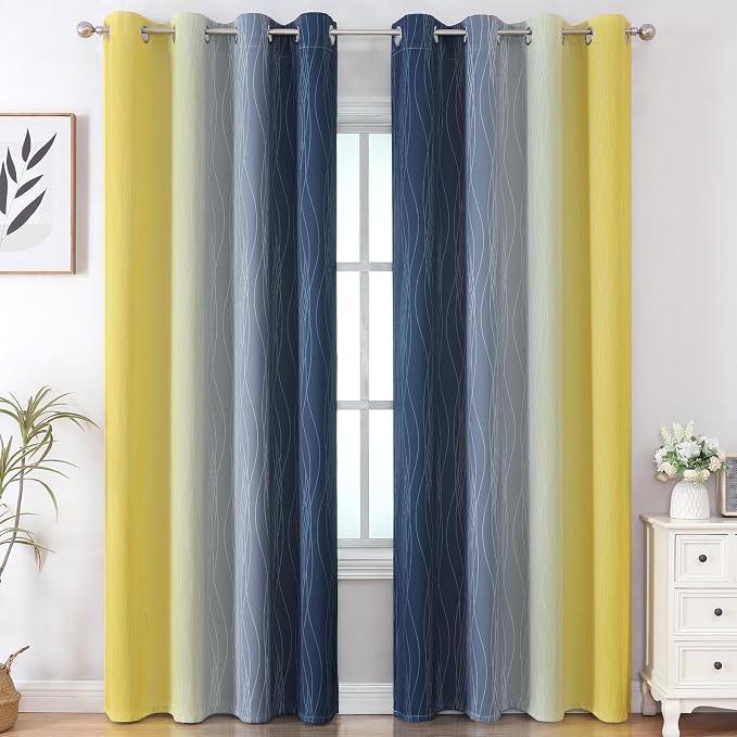 Navy Blue and Yellow Gradient Blackout Curtains - Image 2