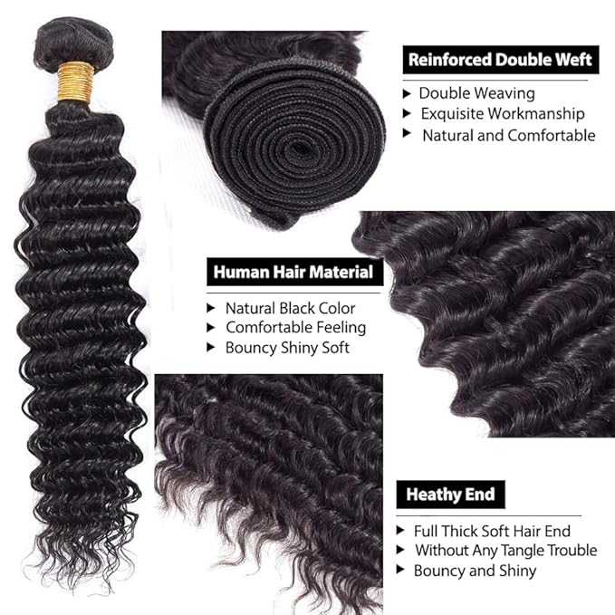 Natural Black Deep Wave Bundles Human Hair Color 1B Bundles 24 26 28 Inch Niegmeag Brazilian Virgin Soft and Silky Remy Hair Extensions Natural Black Color