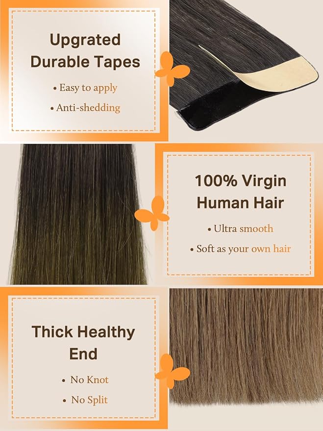 DOORES Tape in Hair Extensions Human Hair, Chocolate Dip Color Melt 24 Inch 30g 10pcs, Human Hair Extensions Natural Hair Extensions Seamless Straight