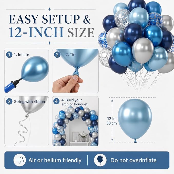 Blue Silver Balloons 12 Inch Blue and Silver Balloons Dark Navy Confetti Latex - Image 9