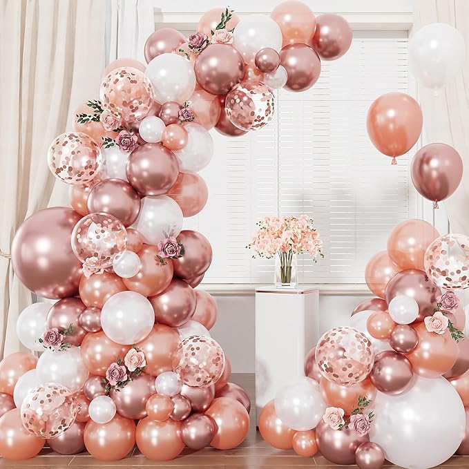 Rose Gold Balloon Garland Arch Kit, Metallic Rose Gold Pearl White and Glitter by Haolongfa