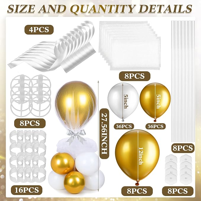 BBTO 8 Set Gold and White Table Centerpieces Balloons Stand Kit, Latex Balloons - Image 2