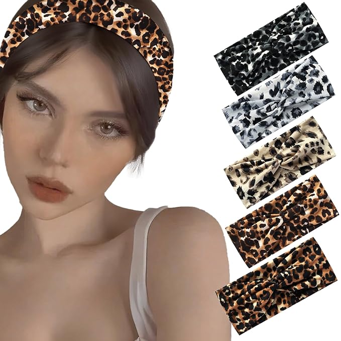 5 Pack Sport Headbands for Women - Including Leopard Headbands for Women, Elastic Soft Fabric Non-Slip Hair Bands & Hair Wraps for Daily Workout, Yoga, Running & Sports
