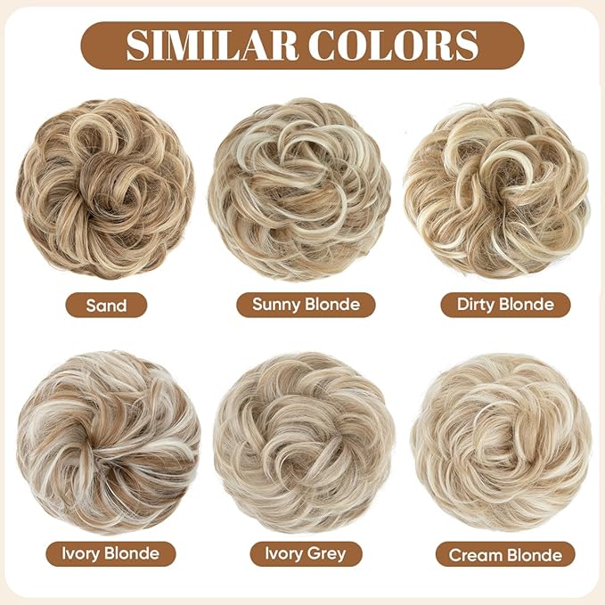 CJL HAIR Large Messy Bun Hair Piece Wavy Curly Scrunchies Synthetic Chignon Ponytail Hair Extensions Thick Updo Hairpieces for Women Ivory Grey