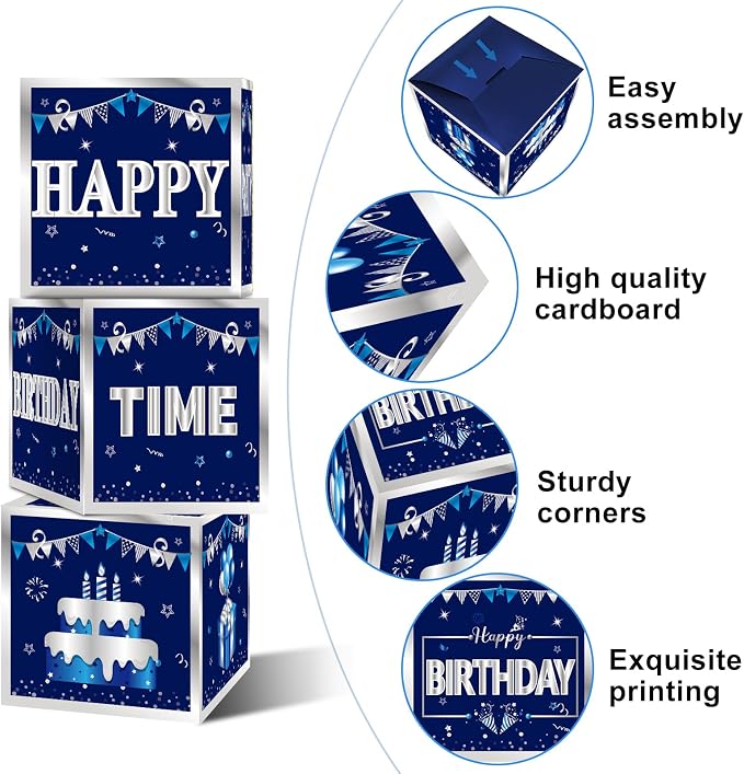 Turypaty Blue Silver Happy Birthday Decorations Boxes - Image 3