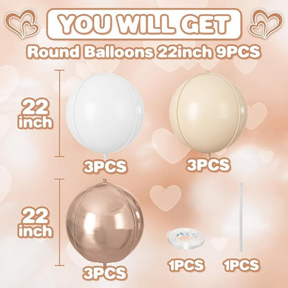 Cream White Gold Round Foil Balloons 9 pcs, Metallic Giant 4D Round Balloons 22 - Image 2